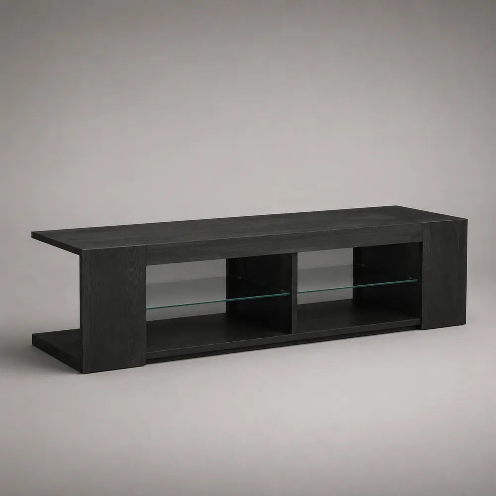 Meuble TV bas en MDF noir avec étagères en verre forme rectangulaire 240 x 40 x 45 cm