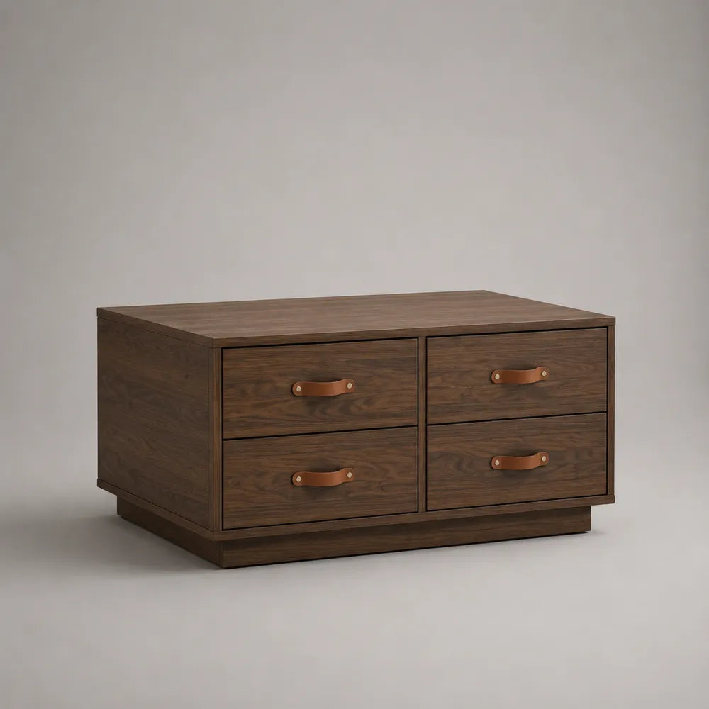 Table basse rectangulaire 120 cm en MDF effet noyer marron avec quatre tiroirs et poignées marron