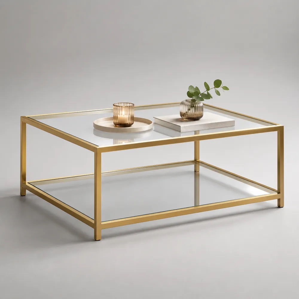 Table basse rectangulaire en verre trempé transparent avec cadre en acier doré 120 x 60 x 45 cm