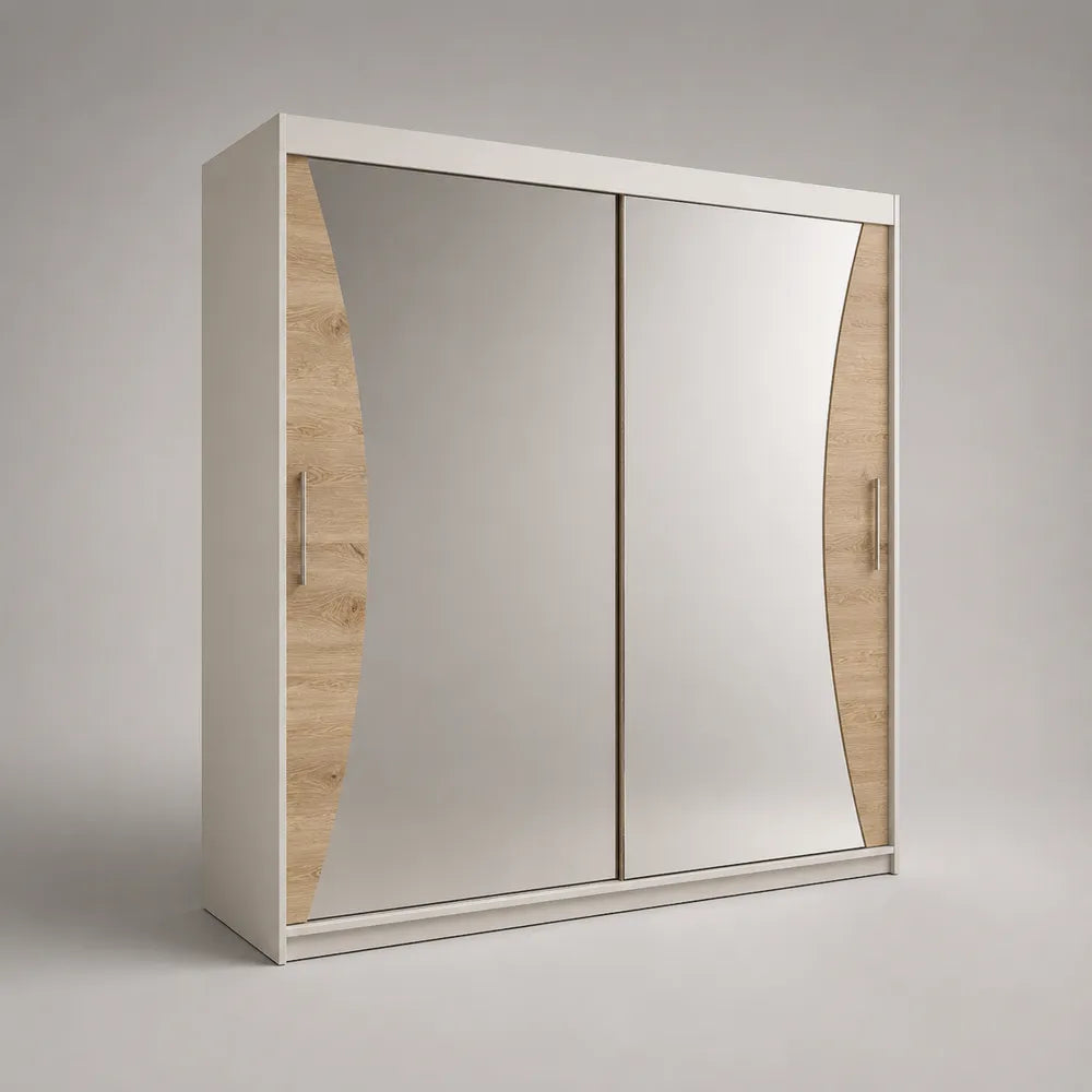 Armoire rectangulaire avec portes coulissantes et miroirs en MDF blanc chêne clair 200 x 60 x 200 cm