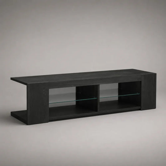 Meuble TV bas en MDF noir avec étagères en verre forme rectangulaire 240 x 40 x 45 cm