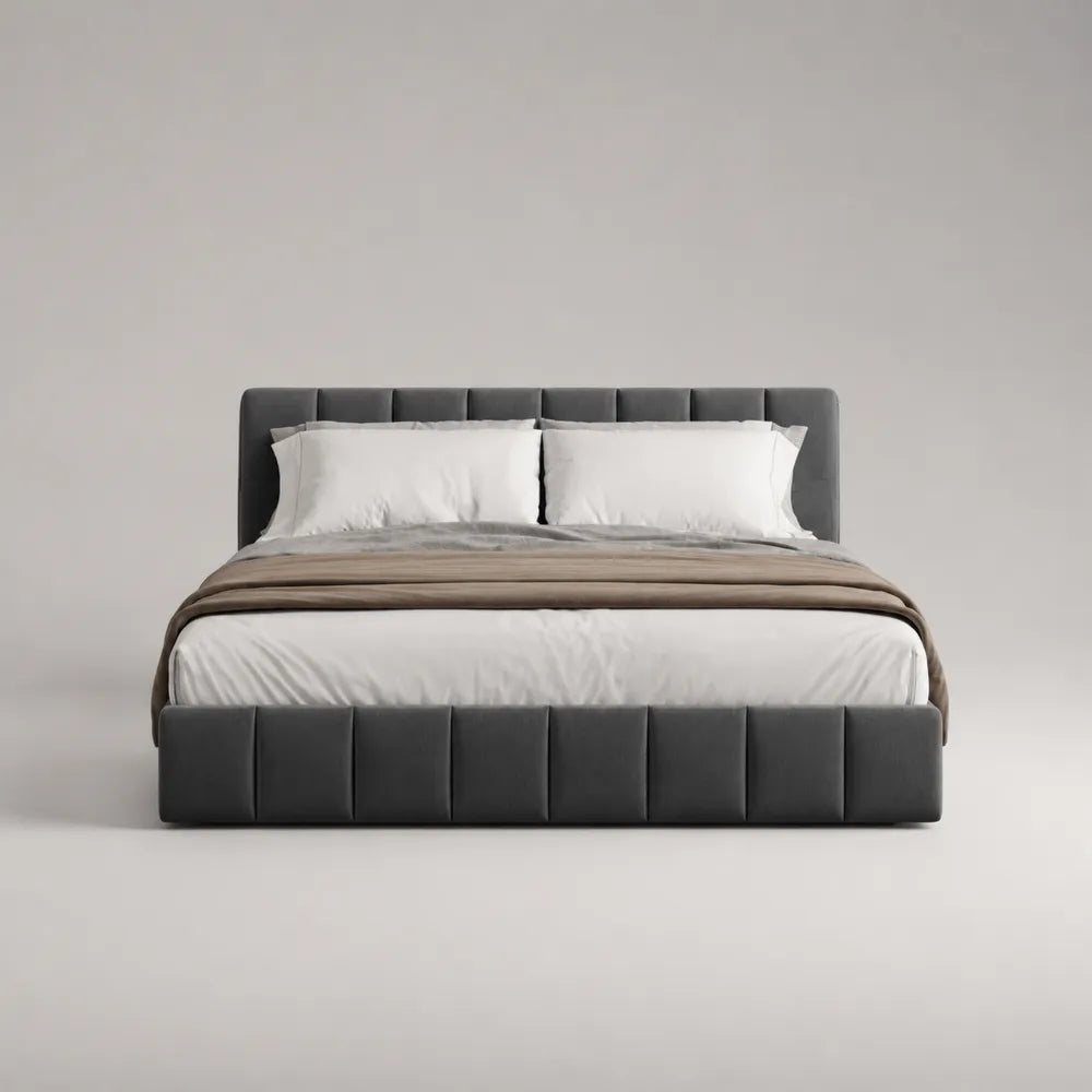 Lit coffre double rembourré tissu polyester gris 160 x 200 cm