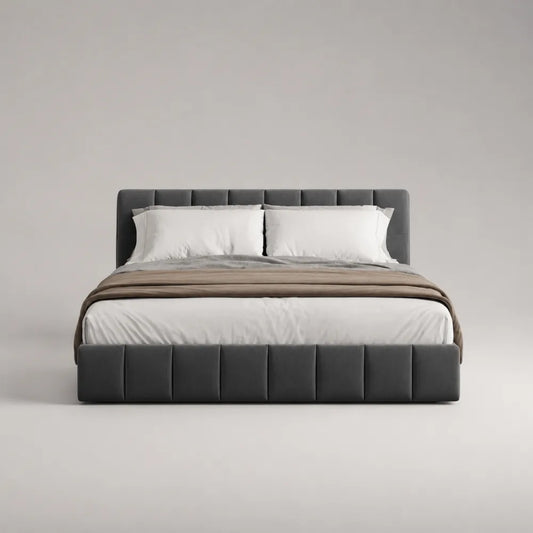 Lit coffre double rembourré tissu polyester gris 160 x 200 cm