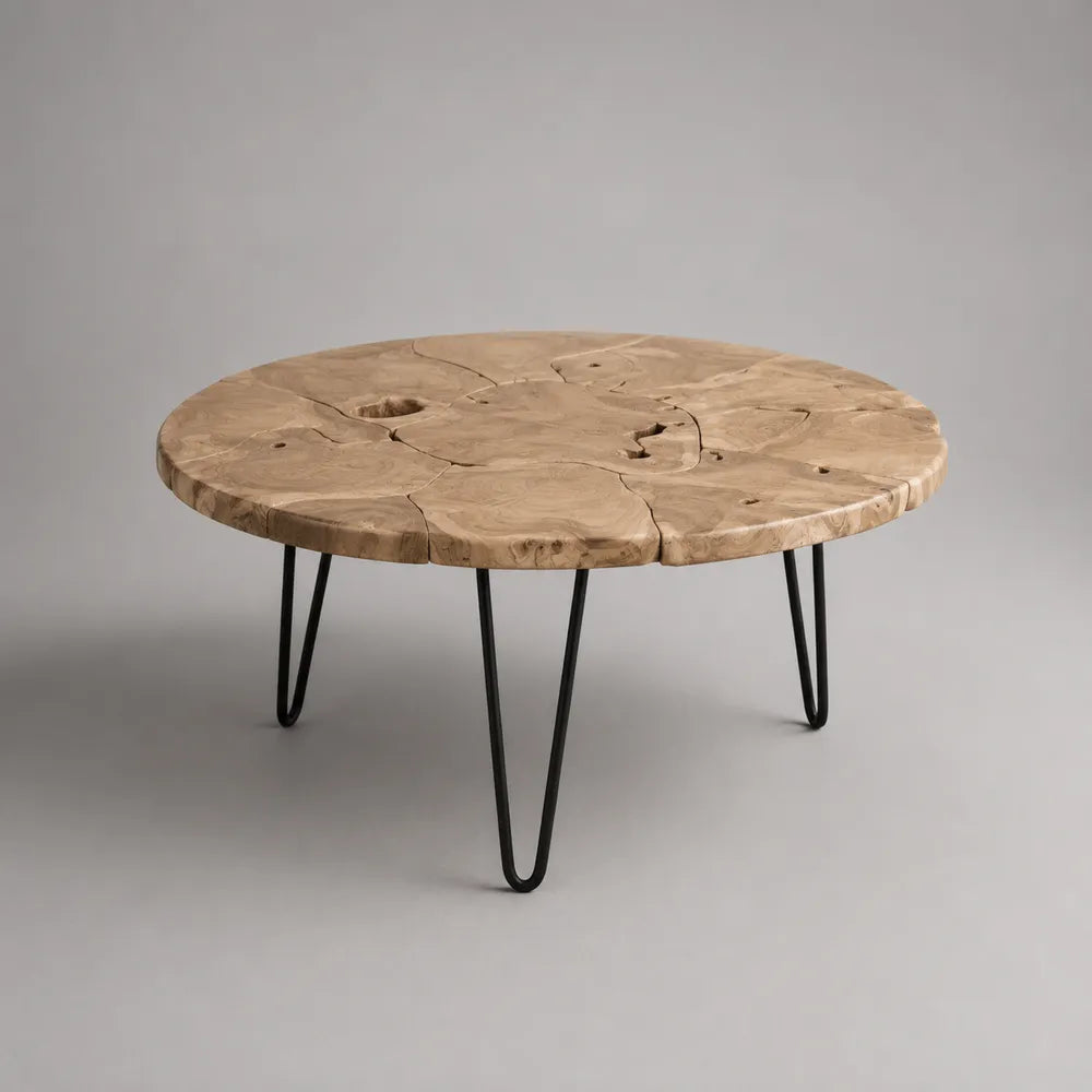 Table basse ronde 100 cm en bois massif avec pieds en acier noir finition naturelle beige
