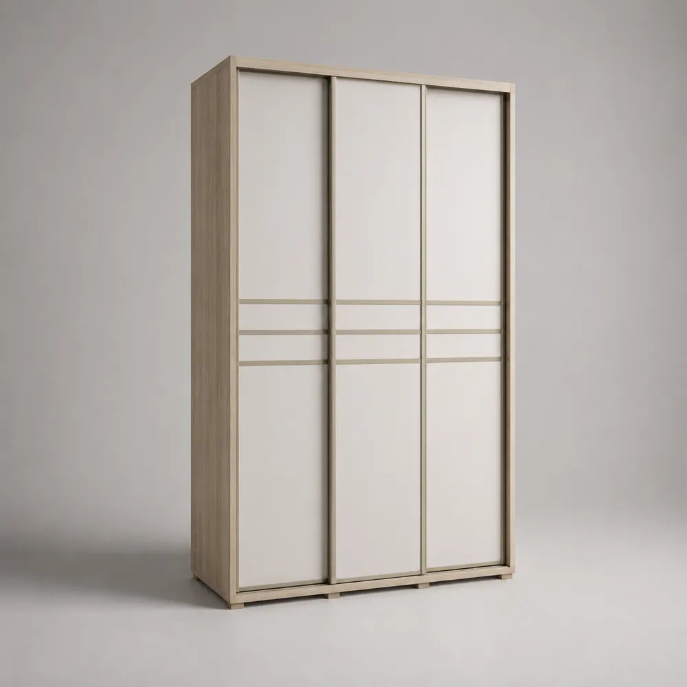 Armoire rectangulaire 3 portes coulissantes MDF effet bois clair et blanc 180 x 60 x 220 cm