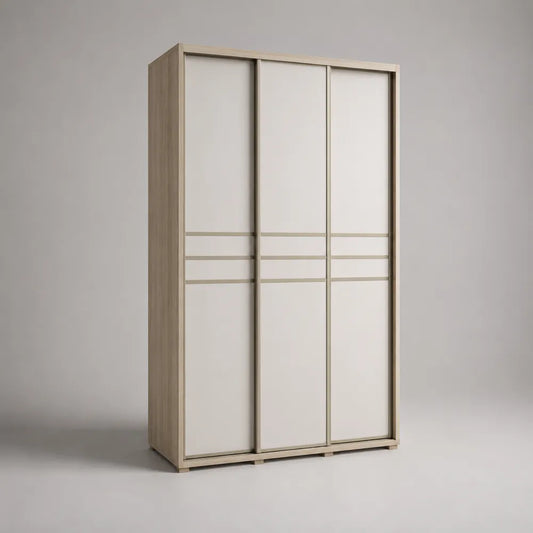 Armoire rectangulaire 3 portes coulissantes MDF effet bois clair et blanc 180 x 60 x 220 cm