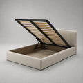 Lit coffre double rembourré tissu polyester beige 160 x 200 cm