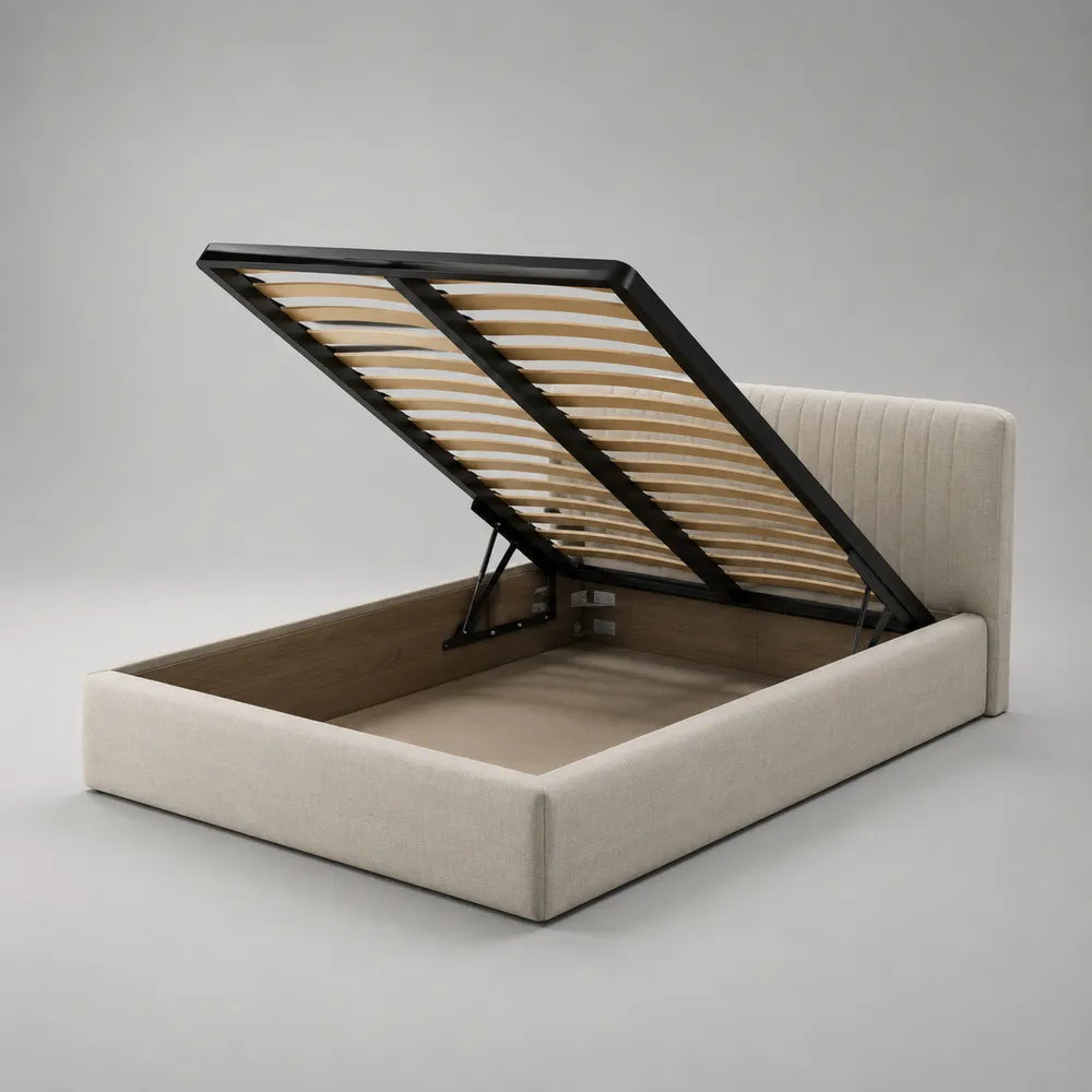 Lit coffre double rembourré tissu polyester beige 160 x 200 cm