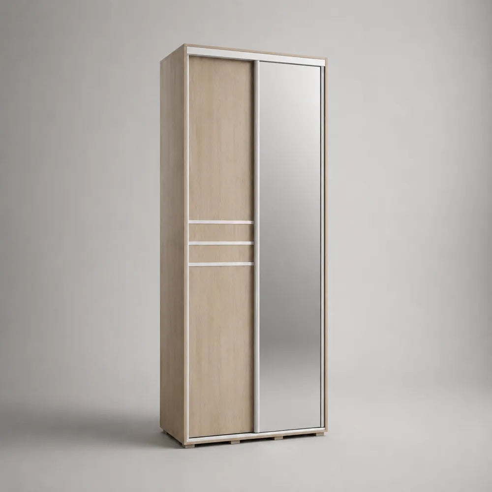 Armoire rectangulaire avec portes coulissantes et miroir en MDF chêne clair 120 x 60 x 200 cm