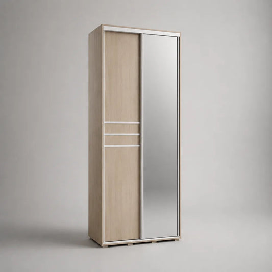 Armoire rectangulaire avec portes coulissantes et miroir en MDF chêne clair 120 x 60 x 200 cm