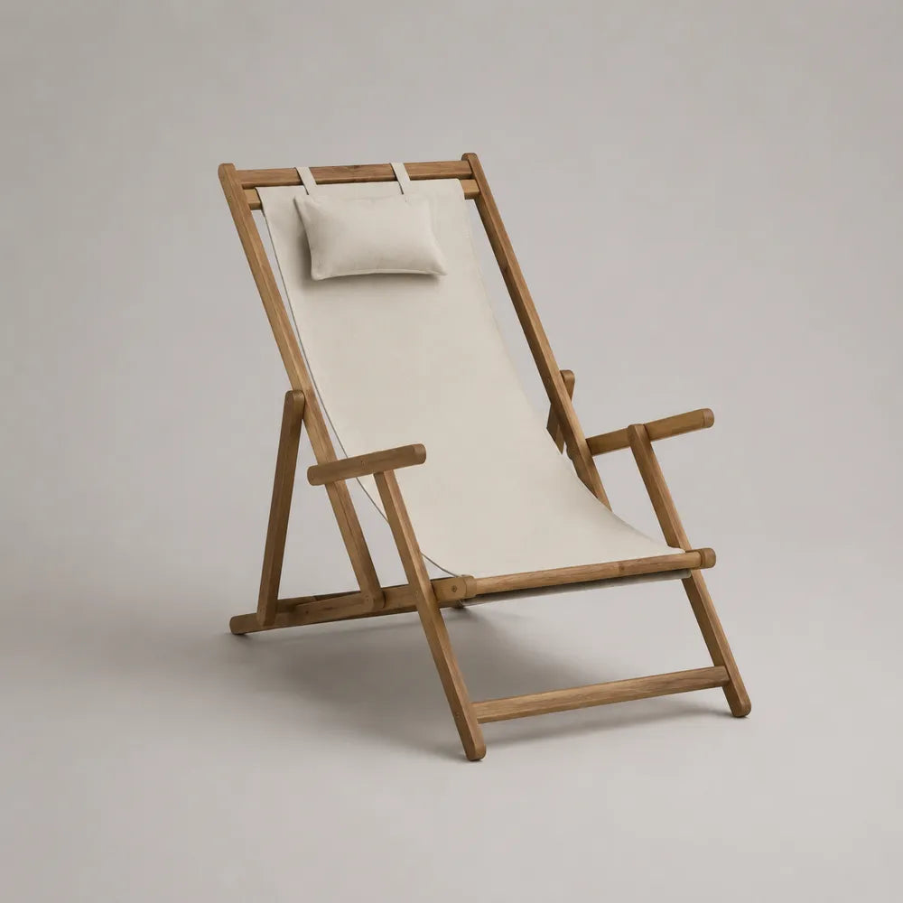 Chaise longue de jardin pliante en bois d'acacia avec toile polyester écrue et coussin appui-tête 60x90x100 cm