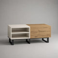 Table basse rectangulaire blanc et chêne clair en MDF avec rangement ouvert et compartiment fermé 120x60x45 cm