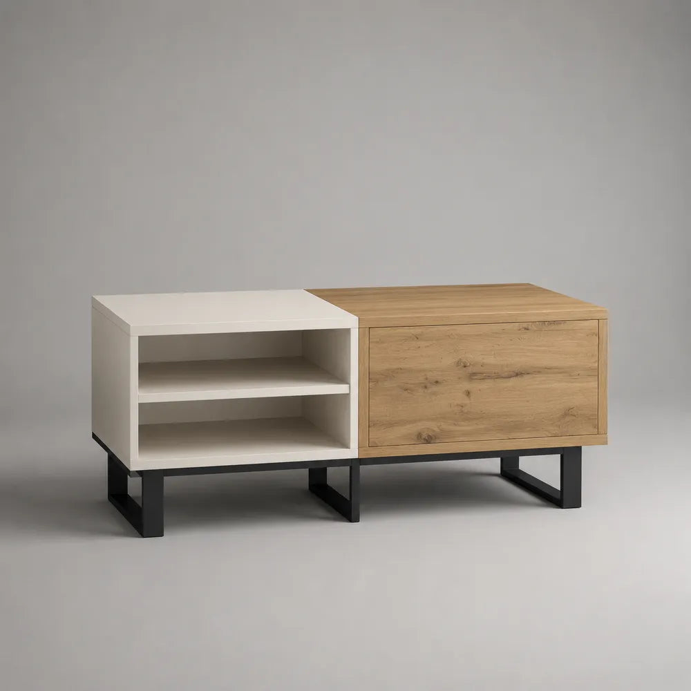 Table basse rectangulaire blanc et chêne clair en MDF avec rangement ouvert et compartiment fermé 120x60x45 cm