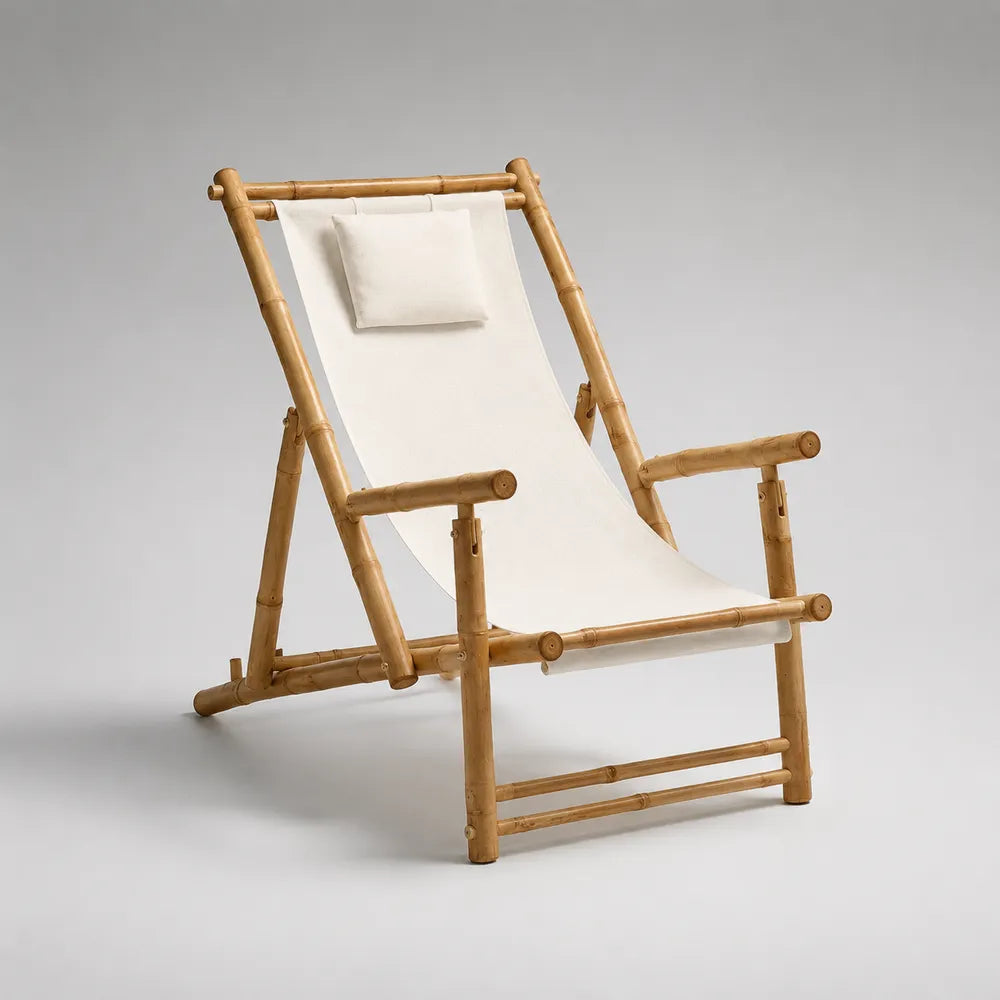 Fauteuil de jardin inclinable en bambou naturel avec toile polyester blanche et coussin 70 x 85 x 95 cm