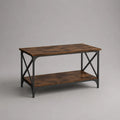 Table basse industrielle rectangulaire en MDF effet bois marron avec étagère inférieure et pieds en acier noir 120 x 60 x 45 cm