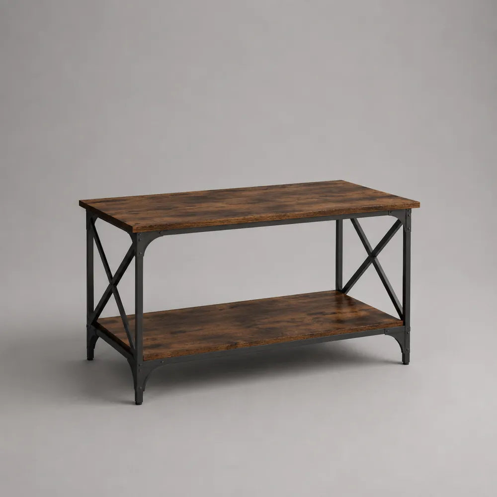 Table basse industrielle rectangulaire en MDF effet bois marron avec étagère inférieure et pieds en acier noir 120 x 60 x 45 cm