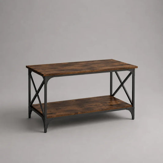 Table basse industrielle rectangulaire en MDF effet bois marron avec étagère inférieure et pieds en acier noir 120 x 60 x 45 cm