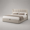 Lit coffre double rembourré tissu polyester beige 160 x 200 cm