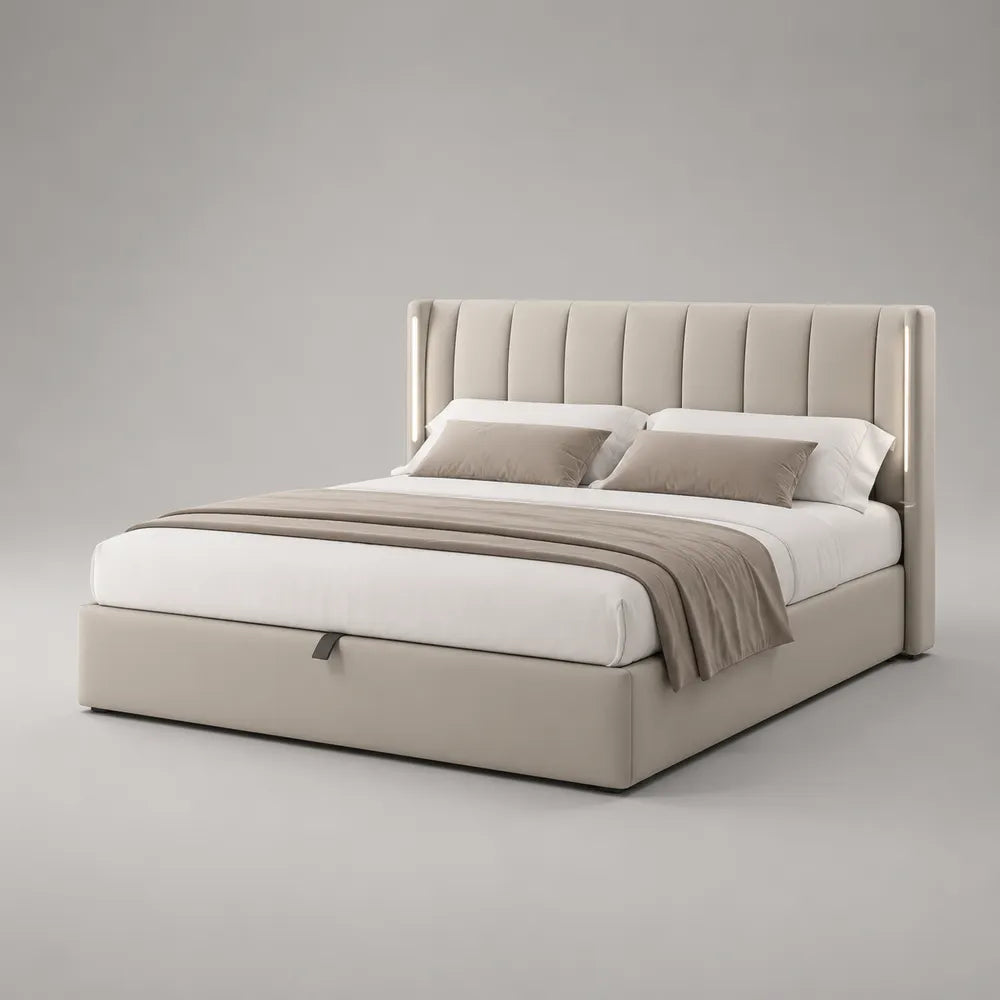 Lit coffre double rembourré tissu polyester beige 160 x 200 cm