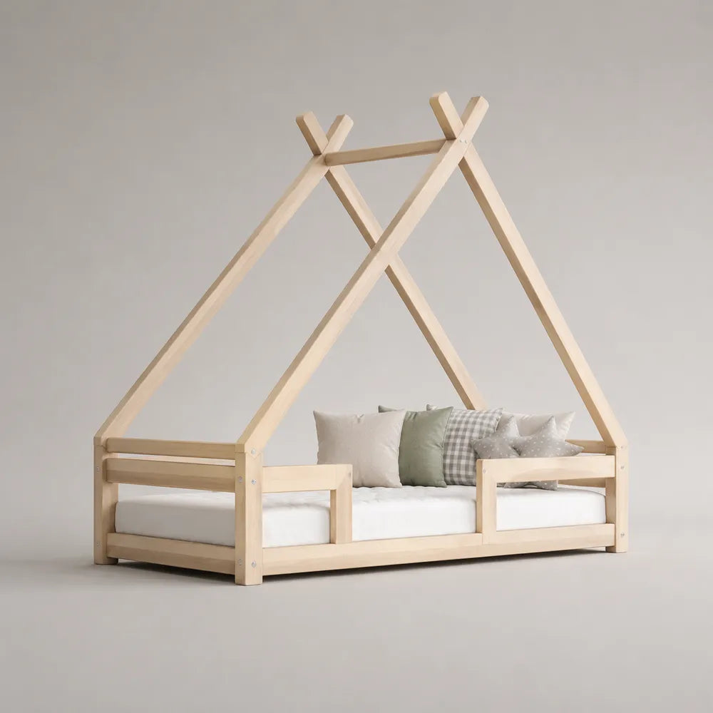 Lit cabane enfant en bois massif naturel avec barrière 90 x 200 cm