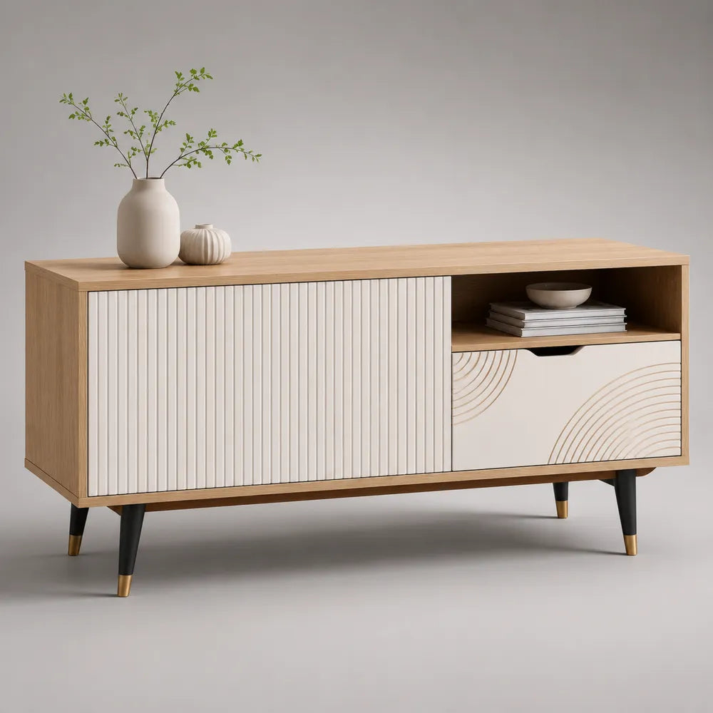 Meuble TV avec rangement en MDF effet chêne clair blanc avec pieds en acier noir et doré 180 x 40 x 65 cm