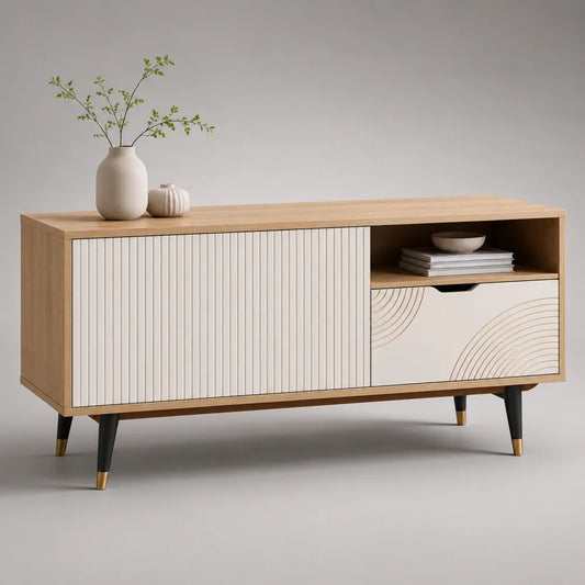 Meuble TV avec rangement en MDF effet chêne clair blanc avec pieds en acier noir et doré 180 x 40 x 65 cm