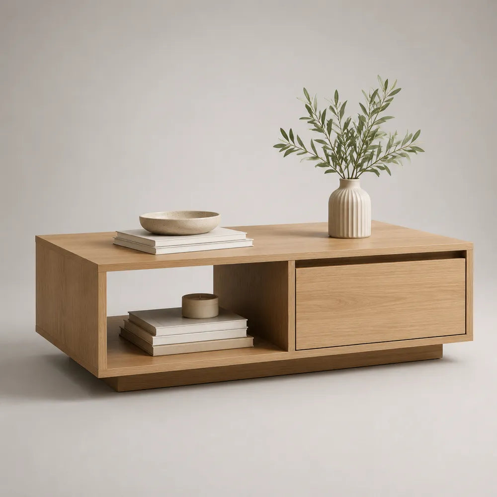 Table basse rectangulaire chêne clair en MDF avec rangement ouvert et compartiment fermé 120x60x45 cm