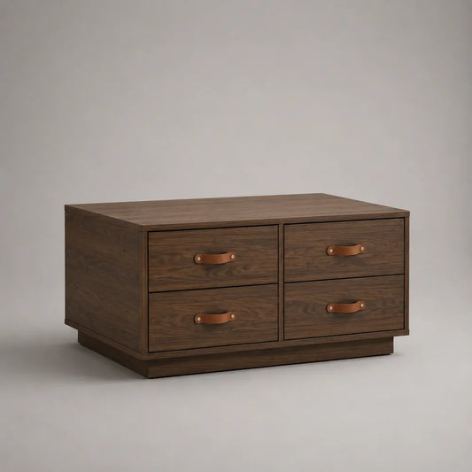 Table basse rectangulaire 120 cm en MDF effet noyer marron avec quatre tiroirs et poignées marron
