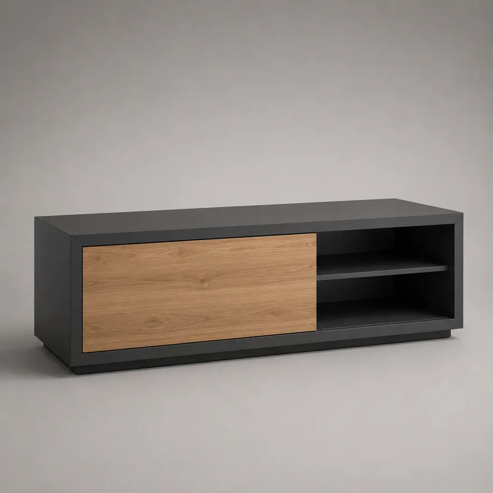 Meuble TV noir et marron en MDF avec porte coulissante et niche ouverte 180x40x45 cm
