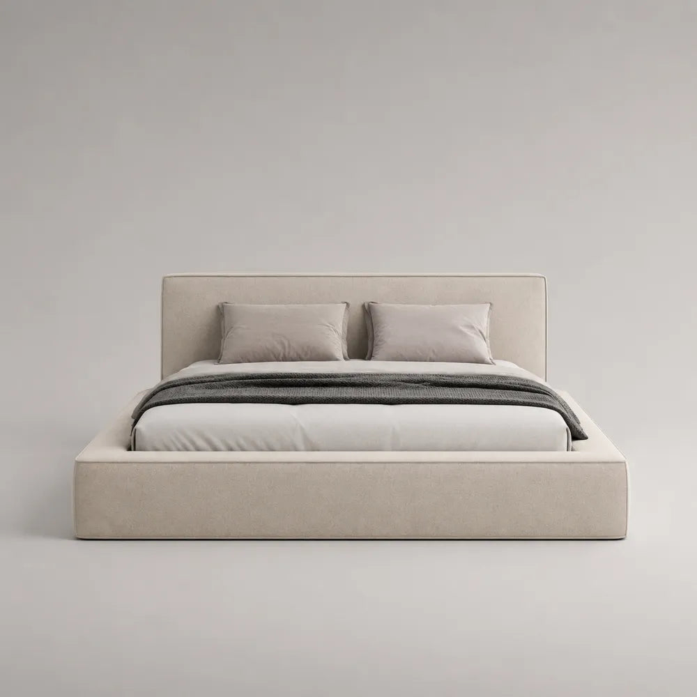 Lit double coffre rembourré tissu polyester beige 160 x 200 cm
