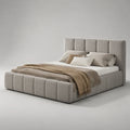 Lit coffre double rembourré tissu polyester gris beige 160 x 200 cm