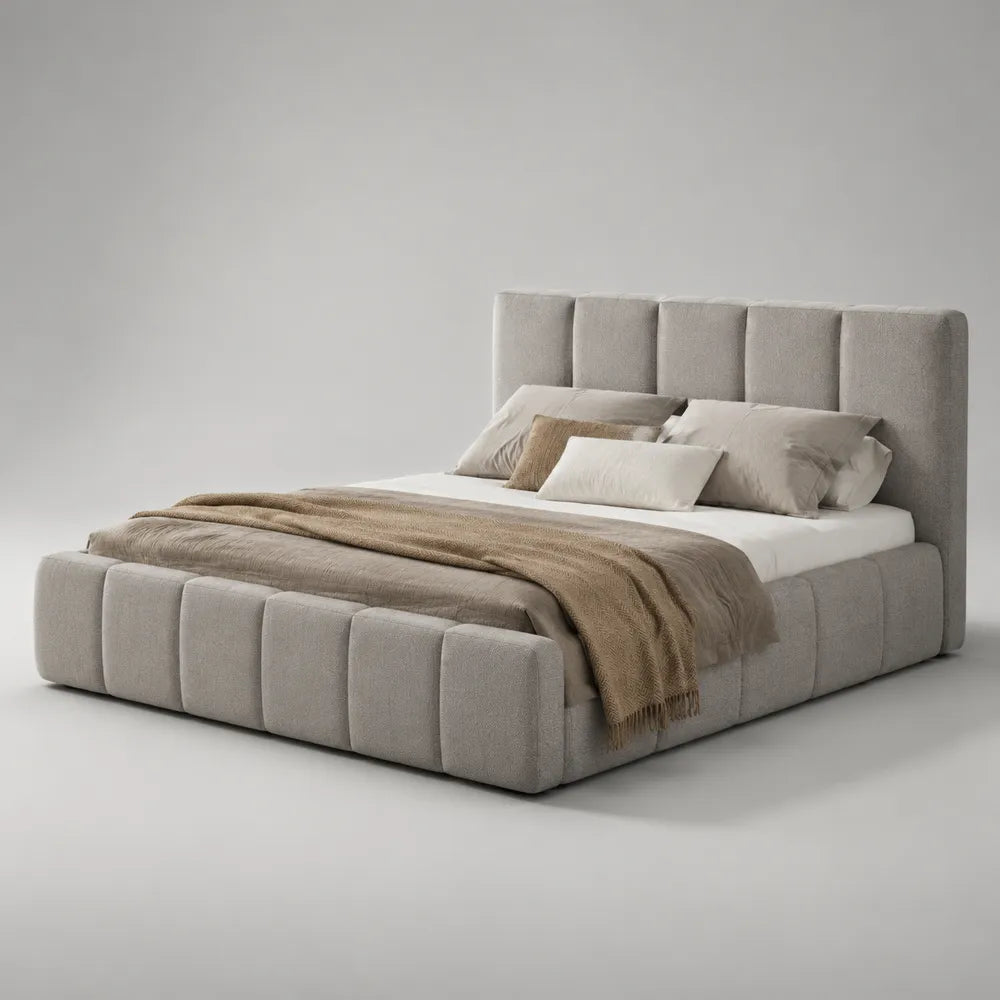 Lit coffre double rembourré tissu polyester gris beige 160 x 200 cm