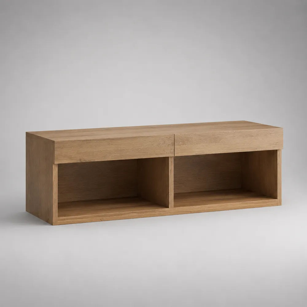 Meuble TV bas rectangulaire en MDF effet chêne naturel avec rangements ouverts 200 x 40 x 40 cm