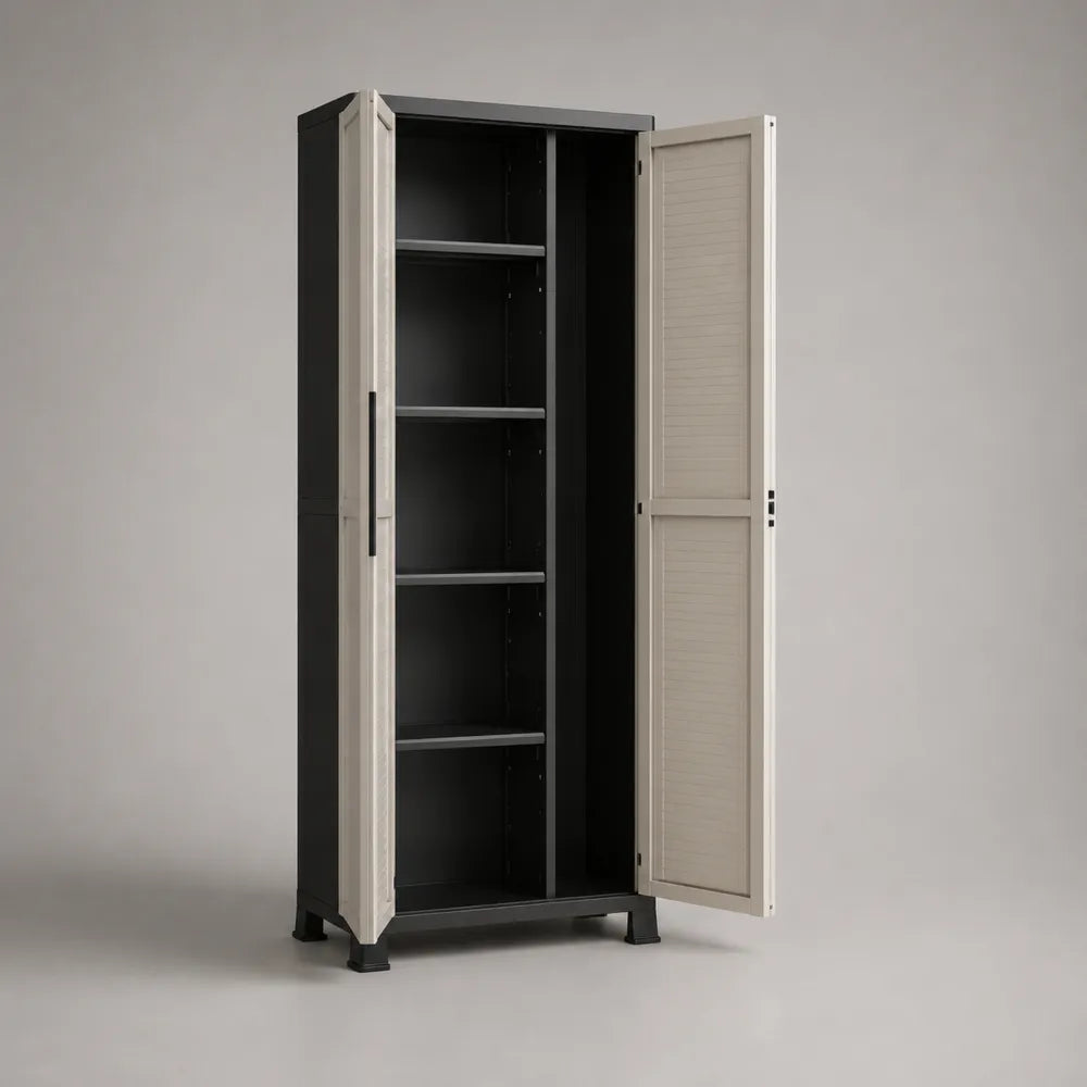 Armoire rectangulaire en acier noir et beige 2 portes battantes avec étagères 90 x 45 x 180 cm