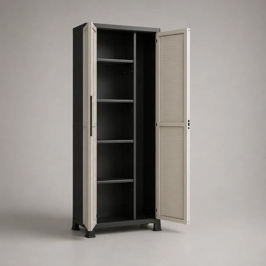 Armoire rectangulaire en acier noir et beige 2 portes battantes avec étagères 90 x 45 x 180 cm