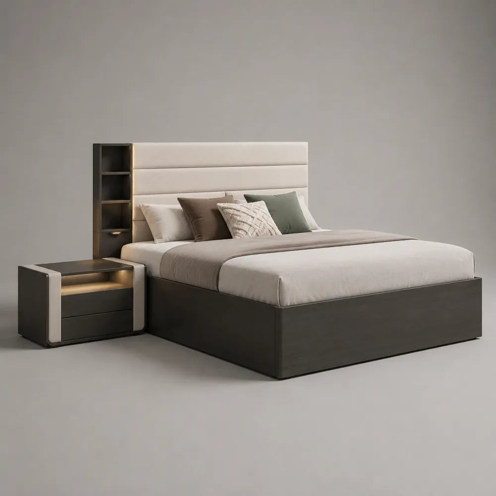 Lit coffre avec rangement 160 x 200 cm panneau effet bois noir beige avec tête de lit rembourrée