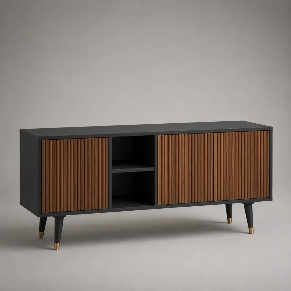 Meuble TV noir et marron en MDF avec portes rainurées et niches ouvertes 180x40x55 cm