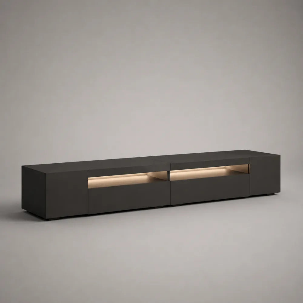 Meuble TV noir en MDF avec portes battantes niches ouvertes et éclairage LED 240x40x35 cm