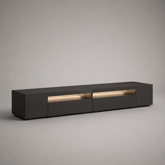 Meuble TV noir en MDF avec portes battantes niches ouvertes et éclairage LED 240x40x35 cm