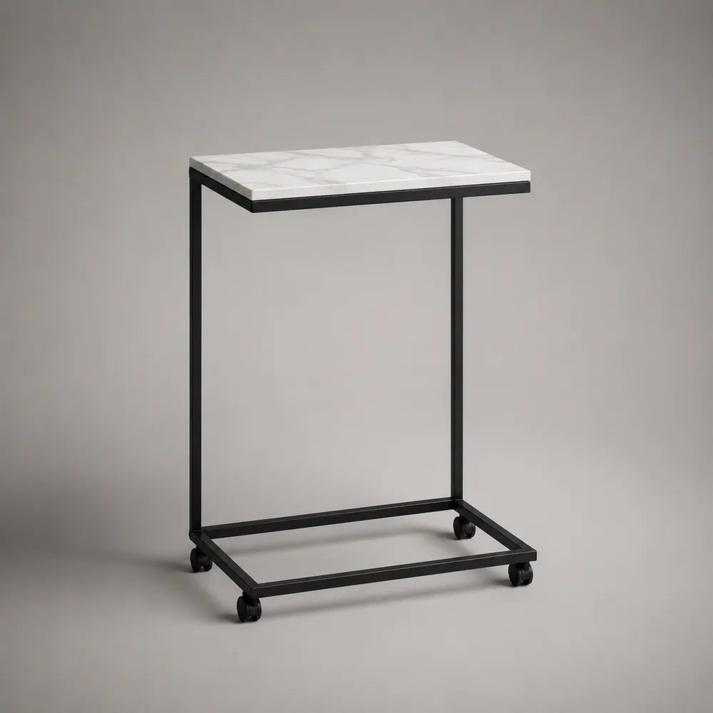 Table d'appoint mobile rectangulaire avec plateau effet marbre blanc et structure en acier noir 50x40x65 cm