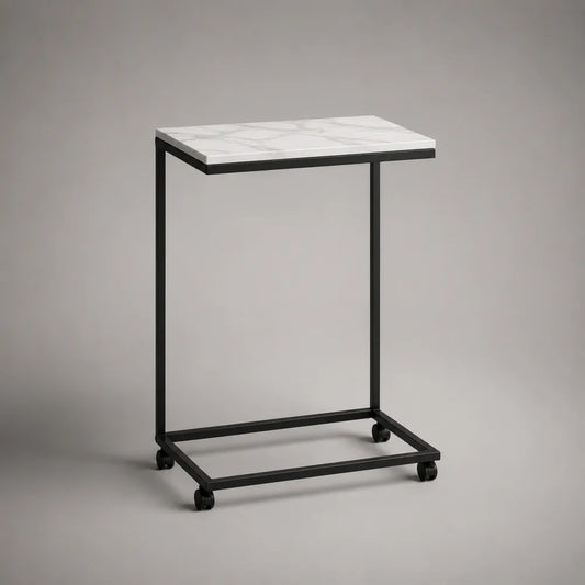 Table d'appoint mobile rectangulaire avec plateau effet marbre blanc et structure en acier noir 50x40x65 cm