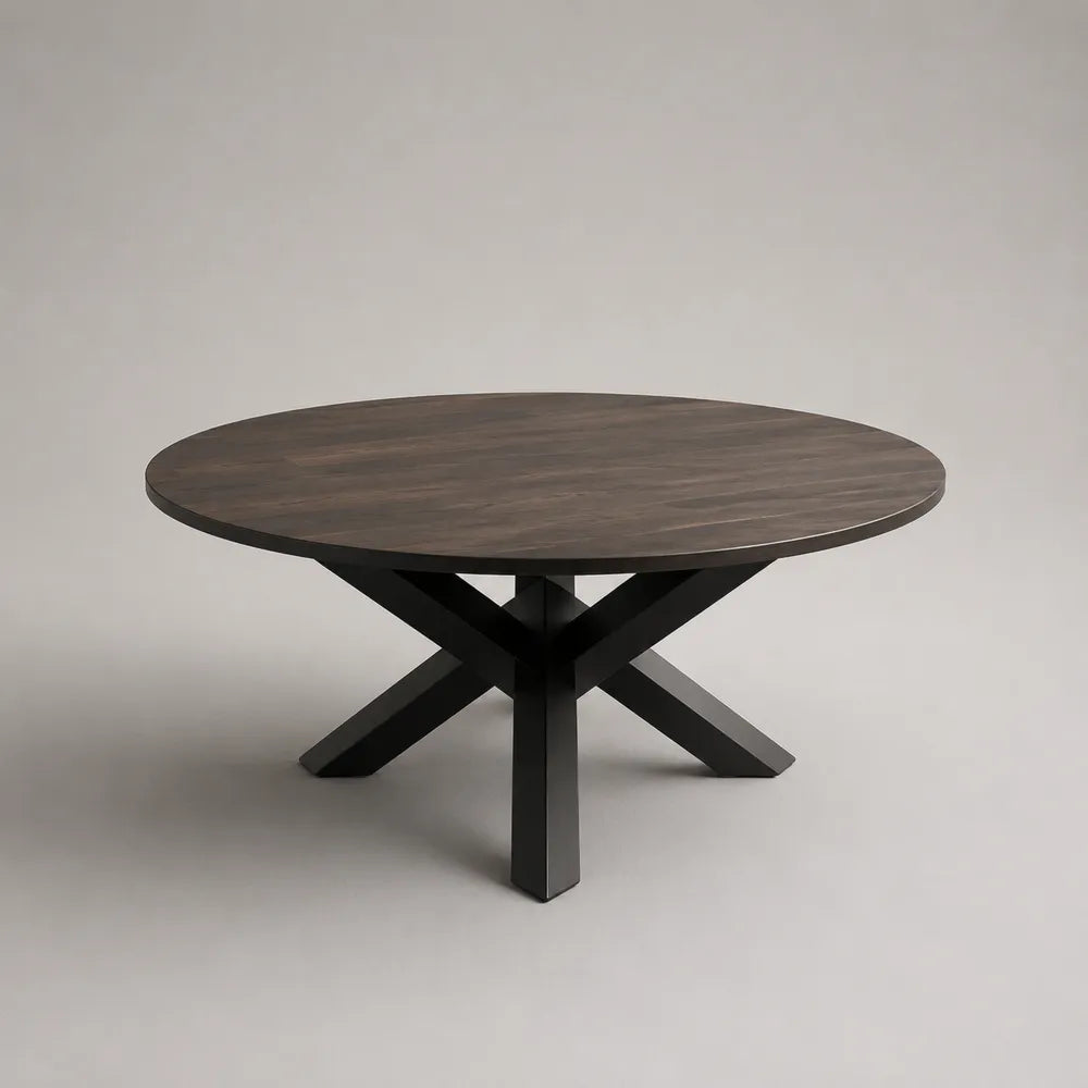 Table basse ronde noyer foncé en MDF avec piètement croisé noir diamètre 120x45 cm