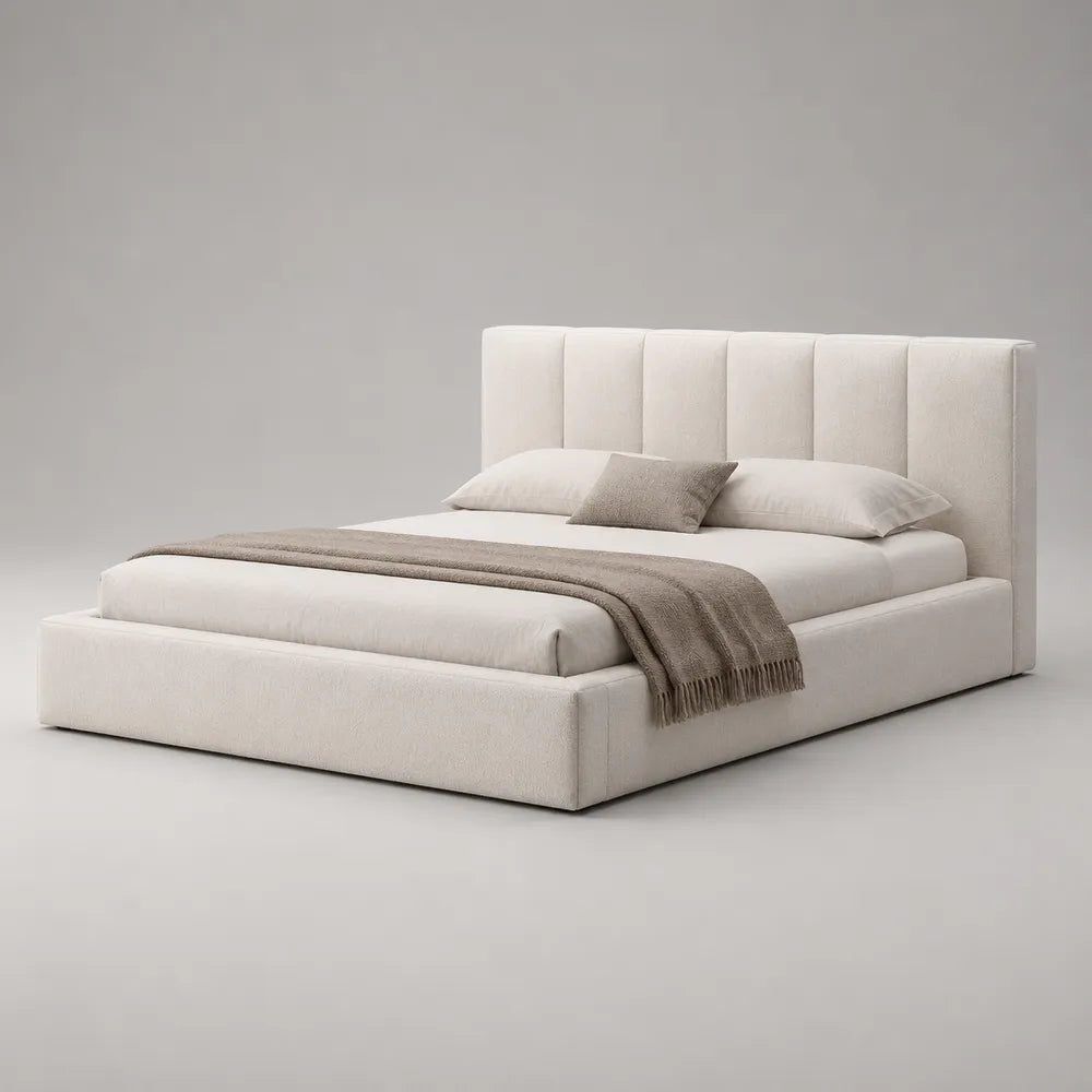 Lit double coffre rembourré tissu polyester beige 160 x 200 cm