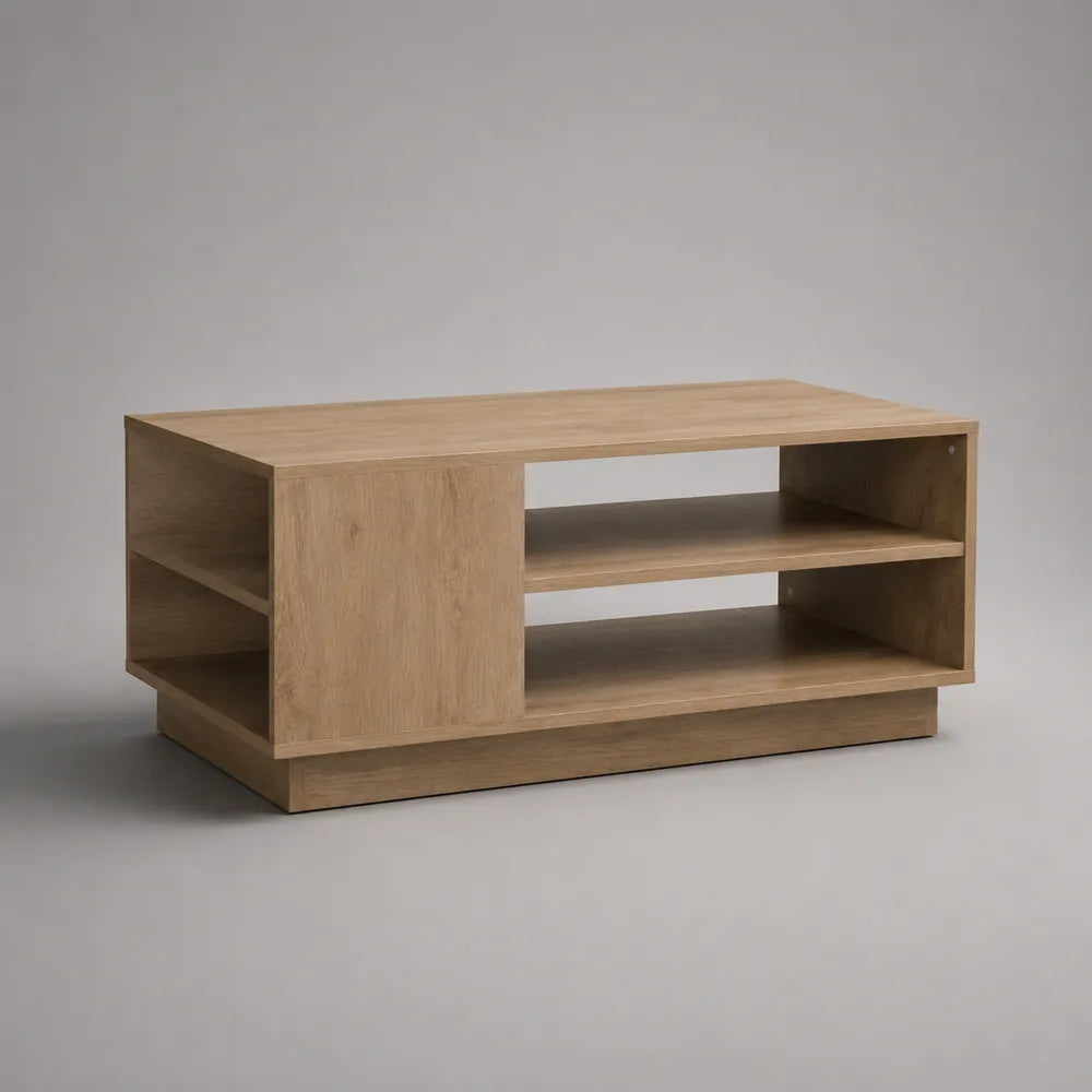 Table basse rectangulaire 120 cm en MDF effet chêne clair avec étagères ouvertes et socle intégré