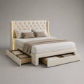Lit coffre double rembourré tissu polyester beige 160 x 200 cm avec tiroirs