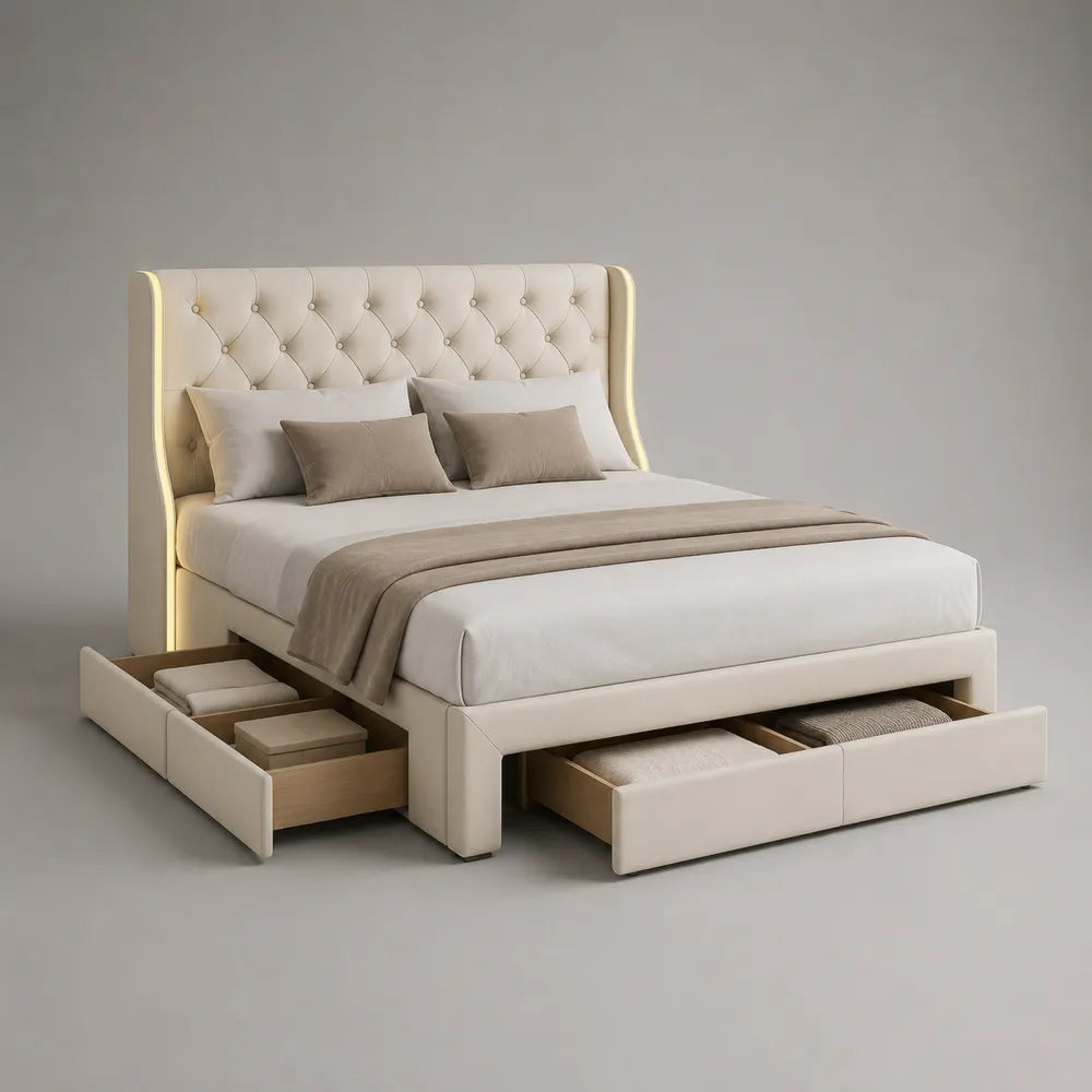 Lit coffre double rembourré tissu polyester beige 160 x 200 cm avec tiroirs