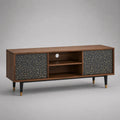 Meuble TV bas en MDF effet noyer avec portes décoratives noires et pieds en acier noir 200 x 40 x 55 cm