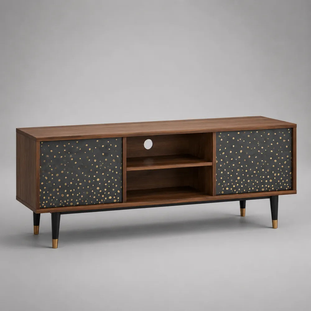 Meuble TV bas en MDF effet noyer avec portes décoratives noires et pieds en acier noir 200 x 40 x 55 cm