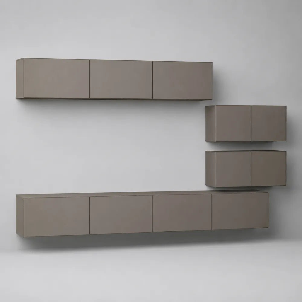 Ensemble meuble TV mural beige en MDF avec rangements suspendus portes battantes 240x35x160 cm
